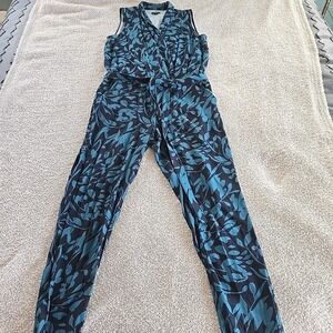 Ann Taylor LOFT Teal Navy Floral Sleeveless Jumpsuit Belted Resort  Boho Size 4
